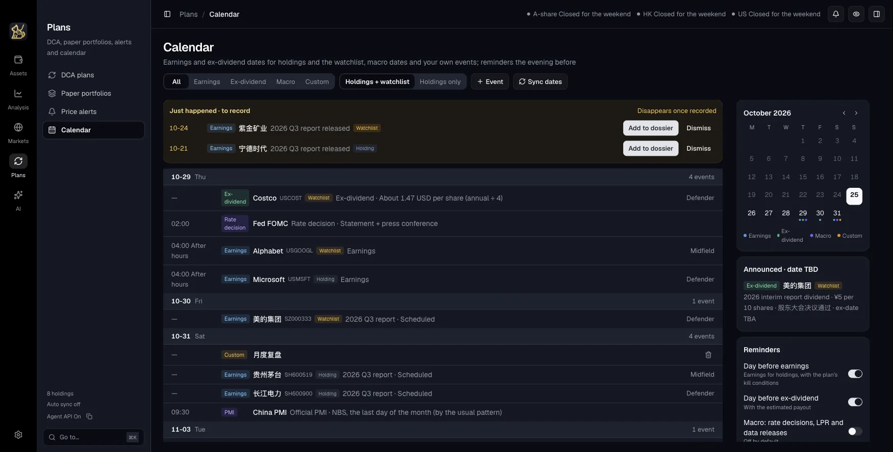 The calendar with reports to record and upcoming events